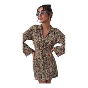 Zara  Ditsy Floral V-Neck Button Down Shirt Dress with Flared Sleeves